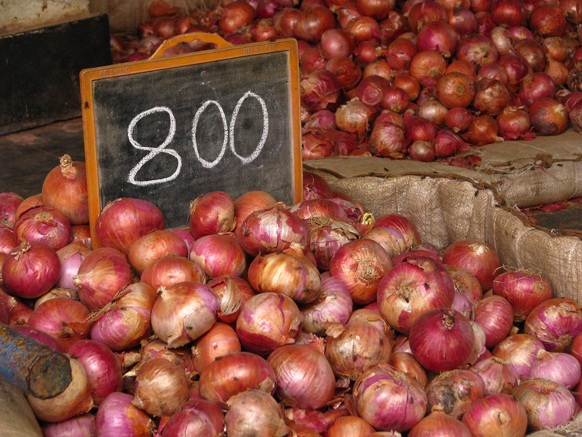Onions stacked at Koyambedu market, Chennai